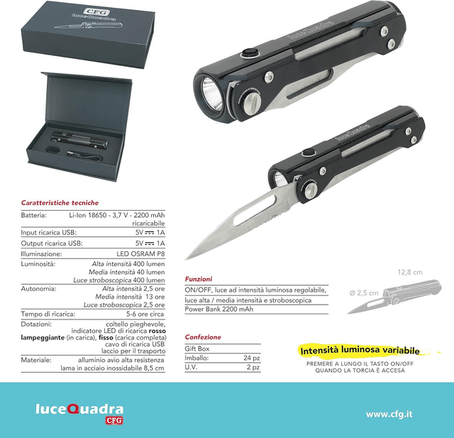 TORCIA LED RICARICABILE CON POWER BANK E COLTELLO