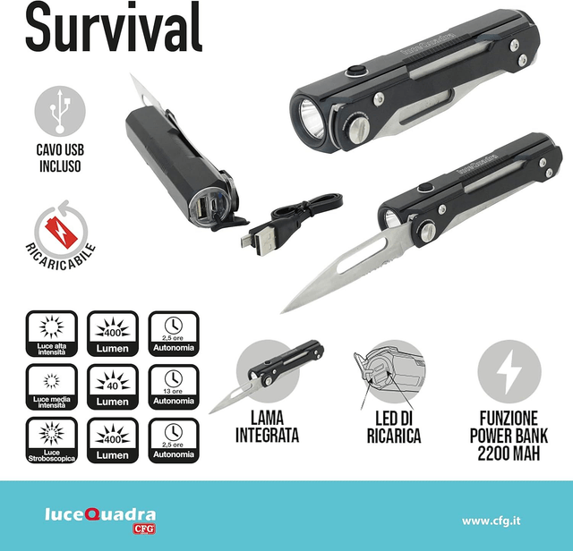 TORCIA LED RICARICABILE CON POWER BANK E COLTELLO